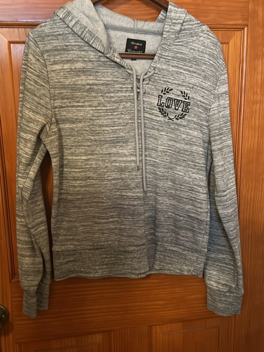 Roma Heather Gray Lace-Up Hooded Pullover with 'LOVE' Graphic
